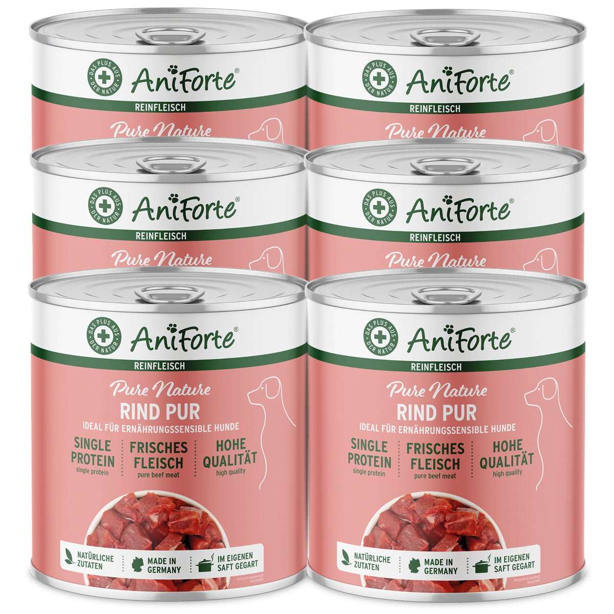 AniForte Nassfutter Rind Pur für Hunde, 6 Dosen, getreidefrei, glutenfrei, Single-Protein.