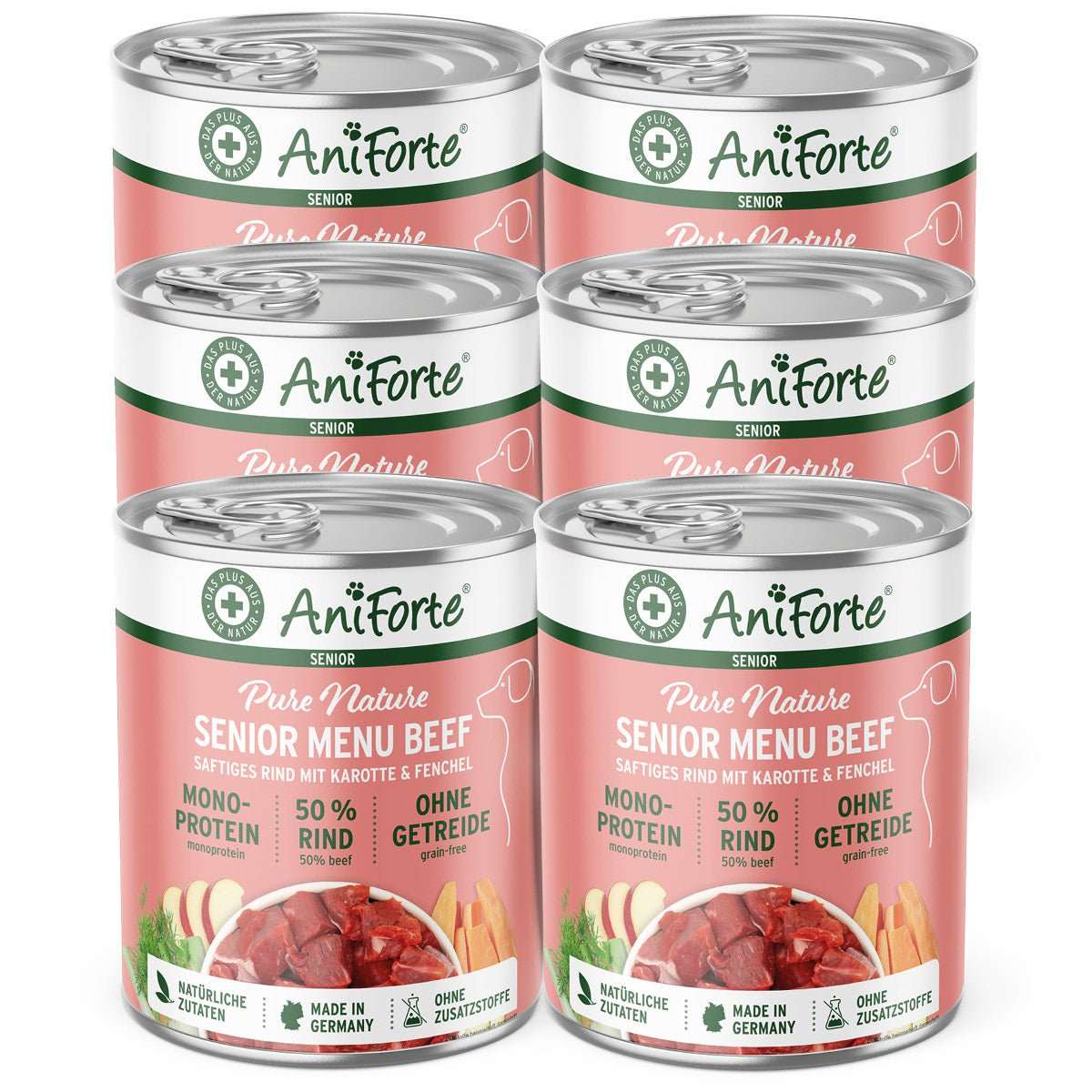 AniForte Nassfutter SENIOR Rind for dogs, featuring natural ingredients, single-protein beef, and grain-free formula for older dogs.