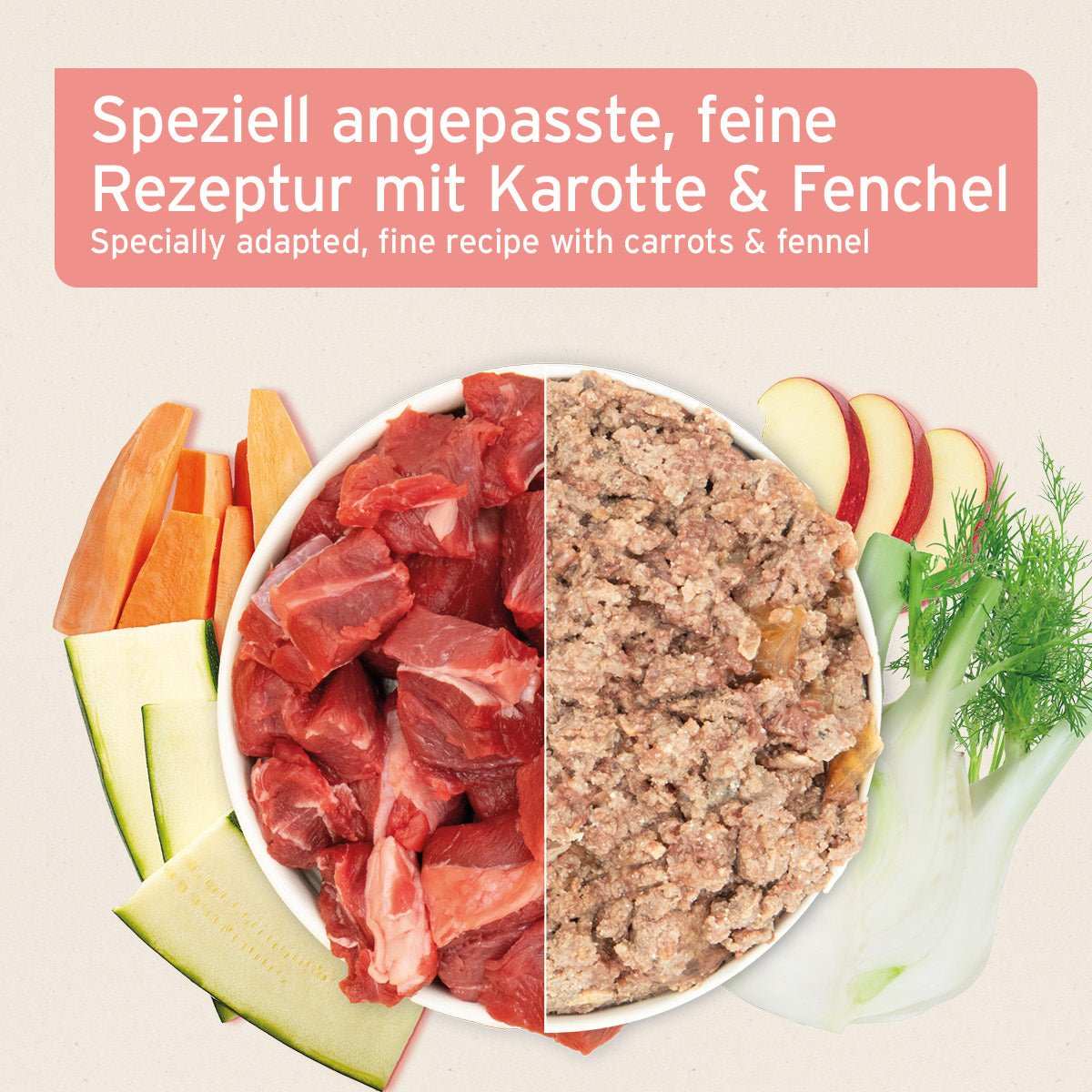 Nassfutter SENIOR Rind mit Karotten, Zucchini und Fenchel für ältere Hunde, ausgewogene Rezeptur mit Omega-3 für Wohlbefinden und Vitalität.