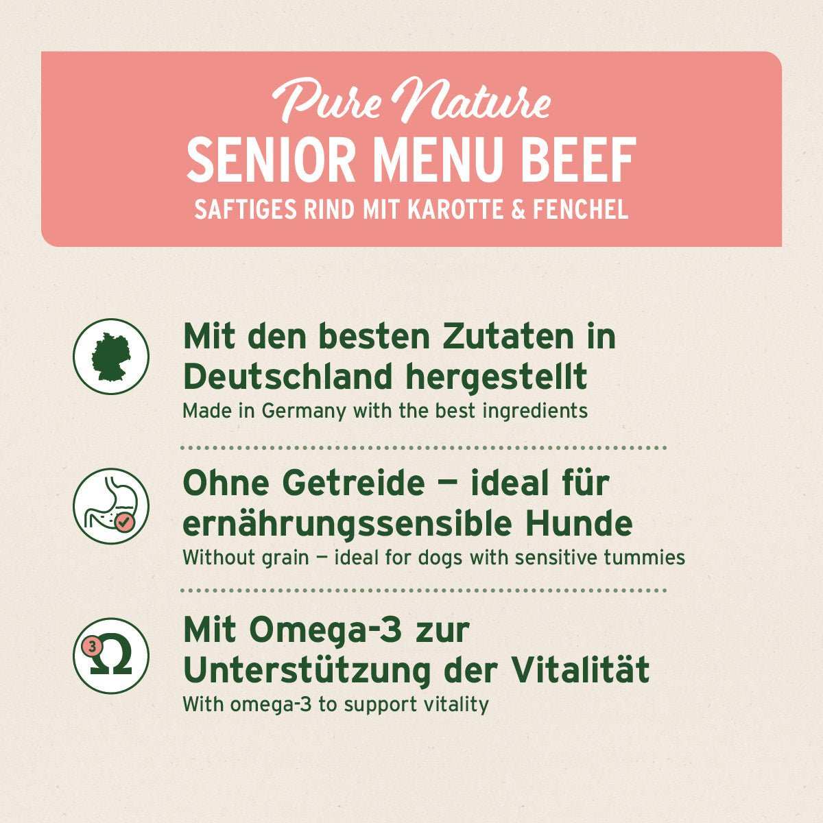 Piktogramme Nassfutter SENIOR Rind für ältere Hunde, getreidefrei, mit Omega-3, Karotte und Fenchel, hergestellt in Deutschland.