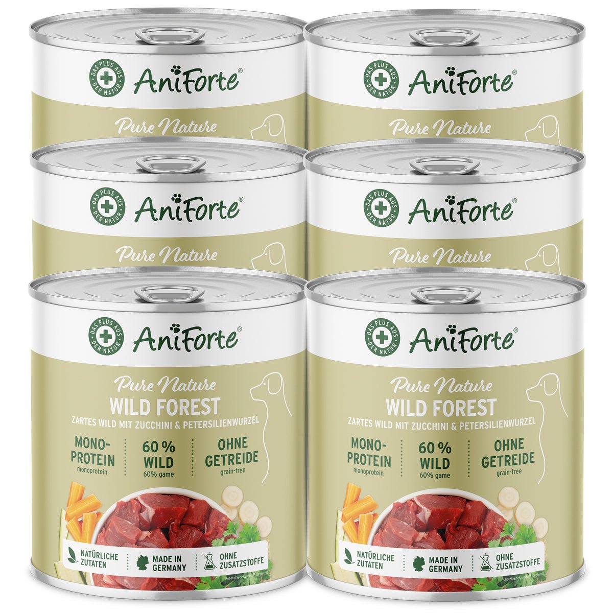 AniForte Nassfutter WildForest mit 60% Wildfleisch, Zucchini, petersilienwurzel, getreidefrei und ohne Zusatzstoffe, für sensible Hunde.