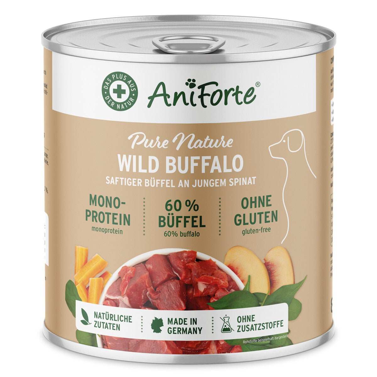 Dose Nassfutter Wild Buffalo für Hunde, Büffel mit Spinat, glutenfrei, Omega-3, ohne künstliche Zusätze, besonders geeignet für ernährungssensible Hunde.