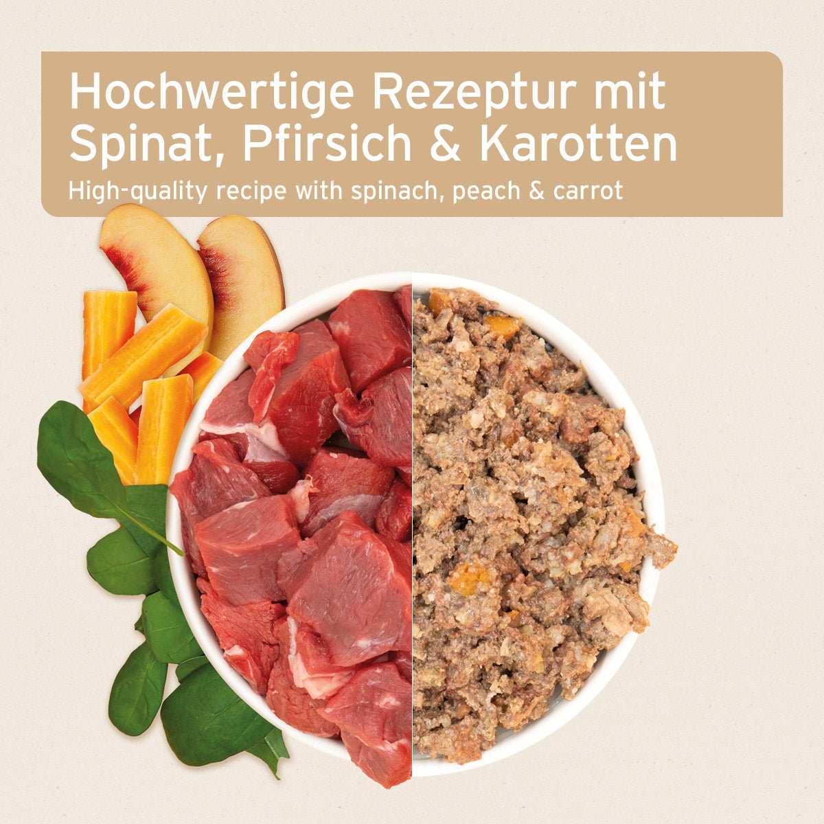 Nassfutter für Hunde mit Büffelfleisch, Spinat, Karotten und Pfirsich, glutenfrei, Omega-3.