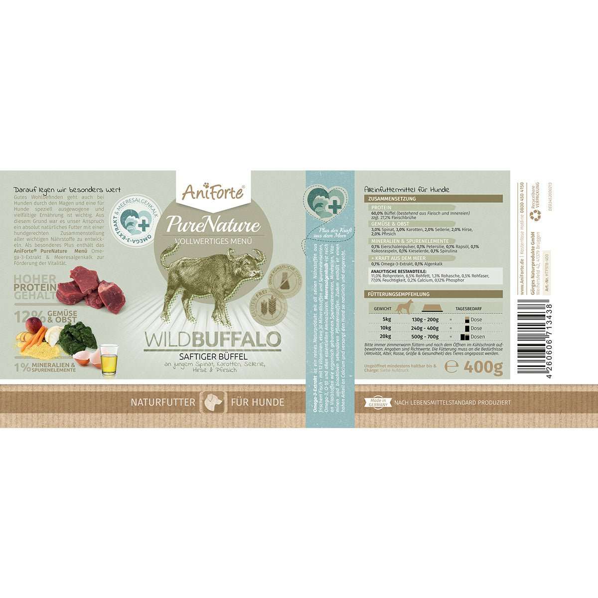 Etikett AniForte® Pure Nature Hundefutter Wild Buffalo mit Spinat, glutenfrei, hohe Fleischqualität, ideal für ernährungssensible Hunde.