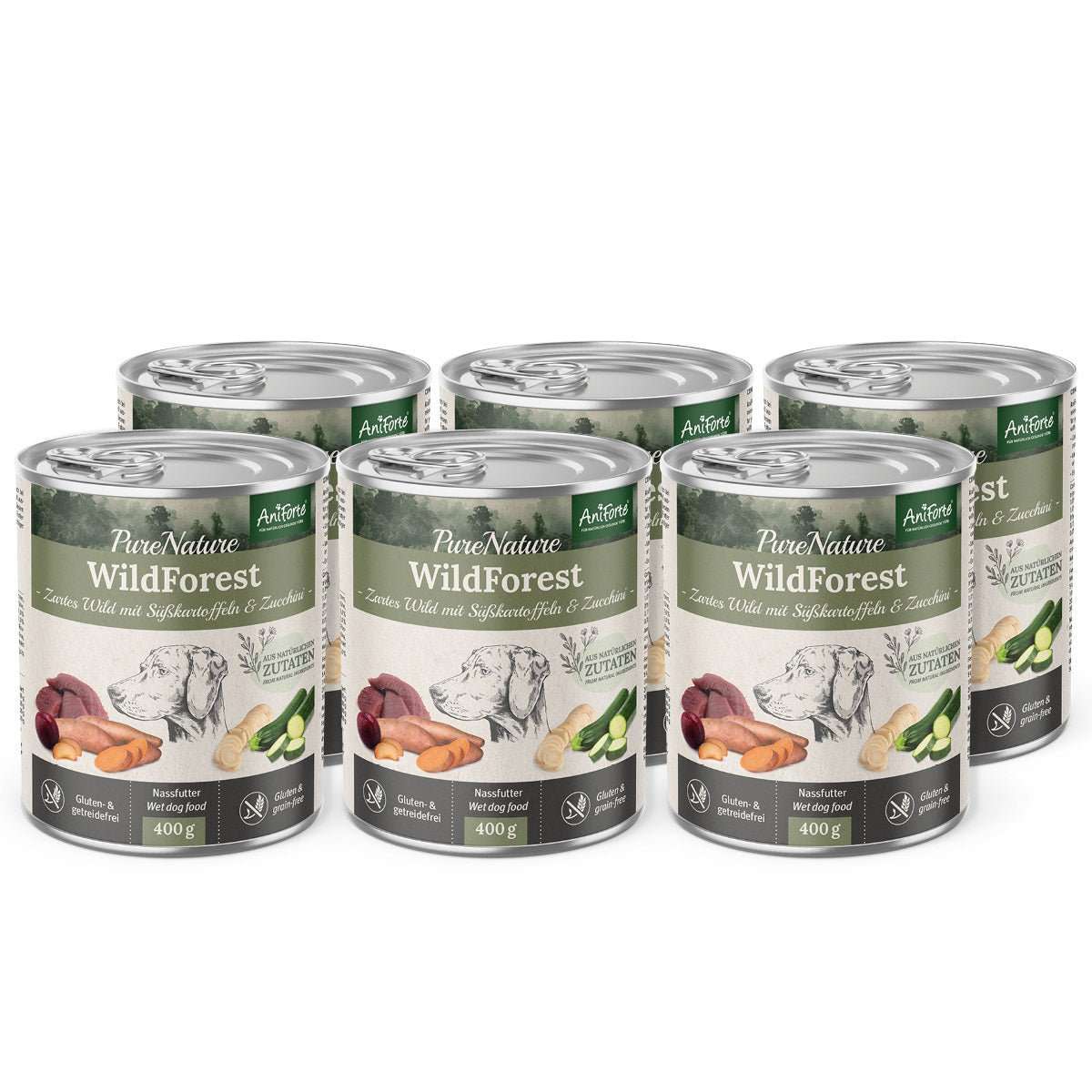 Hundefutter AniForte Wild mit Zucchini, getreidefrei, Premium Nassfutter, 6 Dosen.