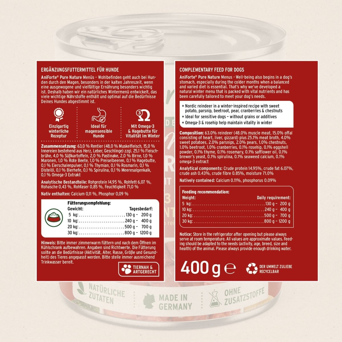 Nassfutter Winter Reindeer mit Rentier, Süßkartoffel, Birne und Hagebutte für sensible Hunde, getreidefrei und reich an Omega-3.