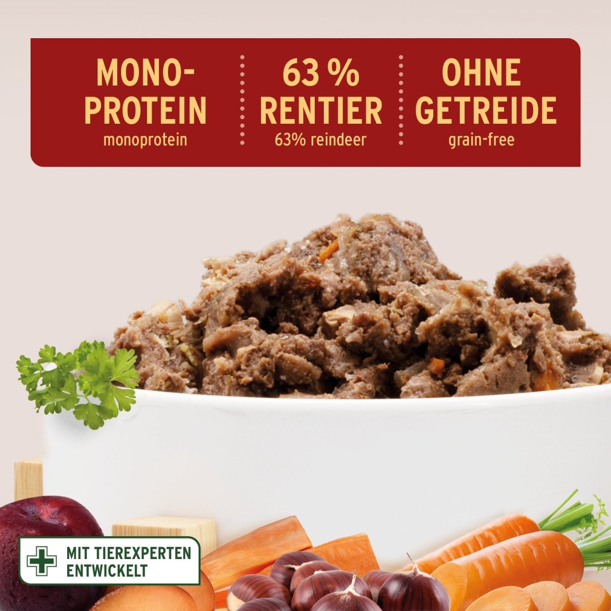 Nassfutter Winter Reindeer mit 63% Rentierfleisch, getreidefrei und monoprotein für Hunde