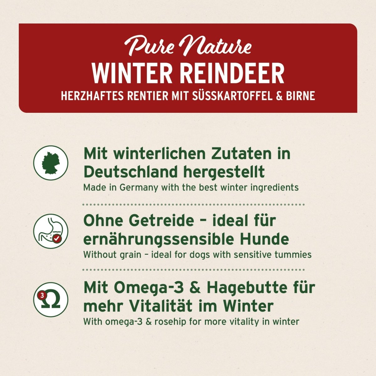 Nassfutter Winter Reindeer mit Rentierfleisch, Süßkartoffel, Birne und Hagebutte für ernährungssensible Hunde