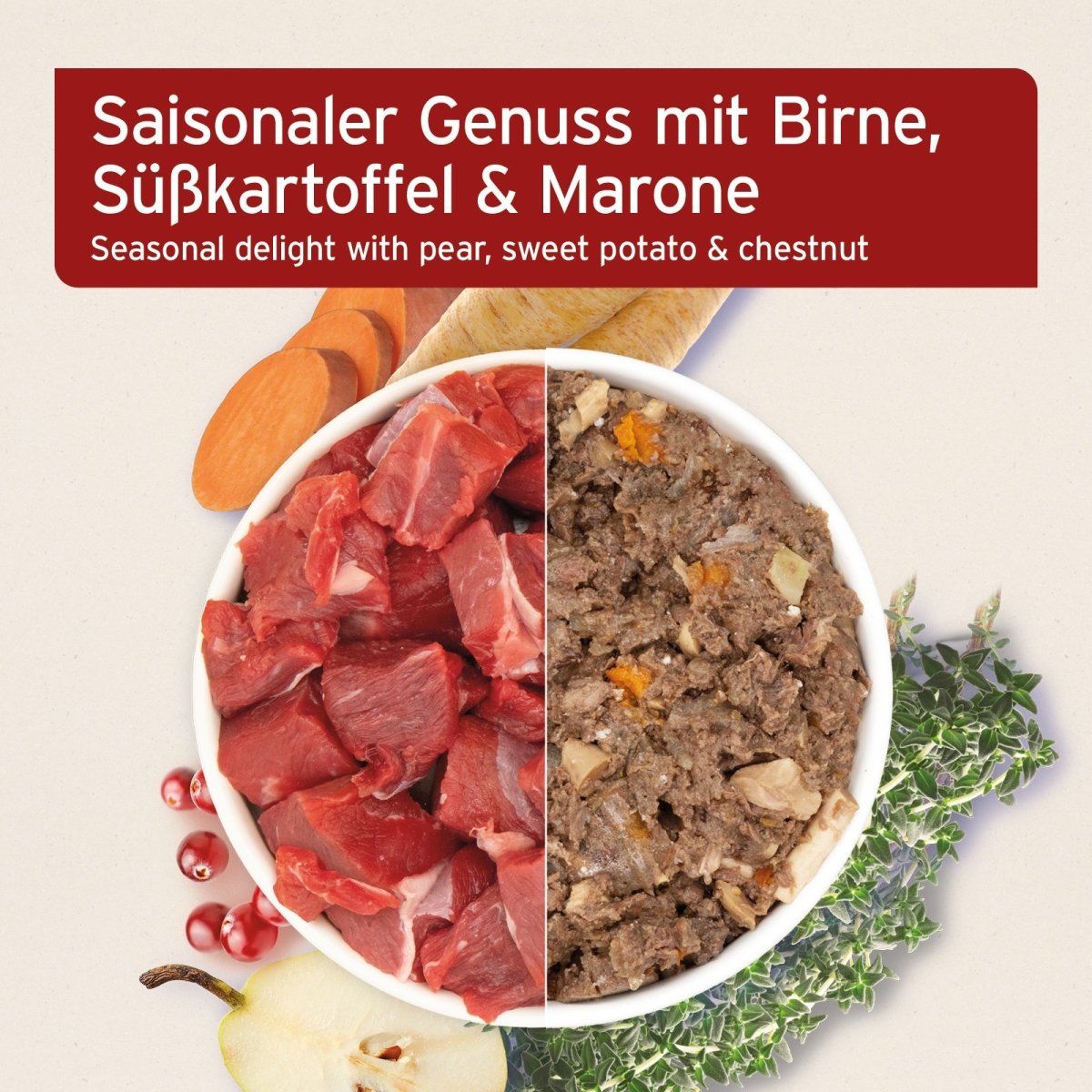 Nassfutter Winter Reindeer mit Rentierfleisch, Süßkartoffel, Birne und Hagebutte in hochwertiger, getreidefreier Rezeptur für Hunde