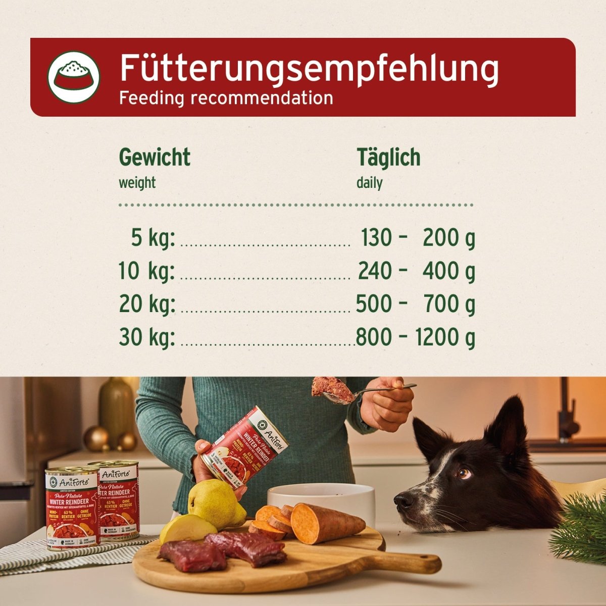 Fütterungsempfehlung Nassfutter Winter Reindeer für Hunde nach Gewicht mit Rentierfleisch, Süßkartoffel, Birne und Hagebutte