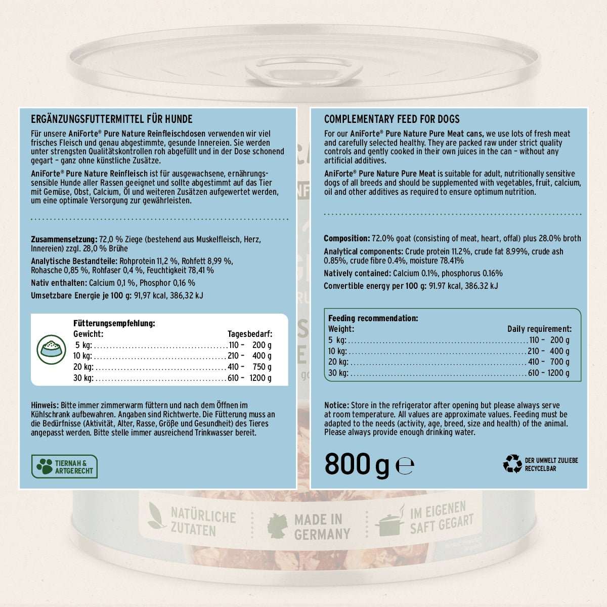 Produktetikett Nassfutter Ziege Pur, getreidefrei, glutenfrei, hochwertiges Single-Protein Hundefutter, 800g Dose.