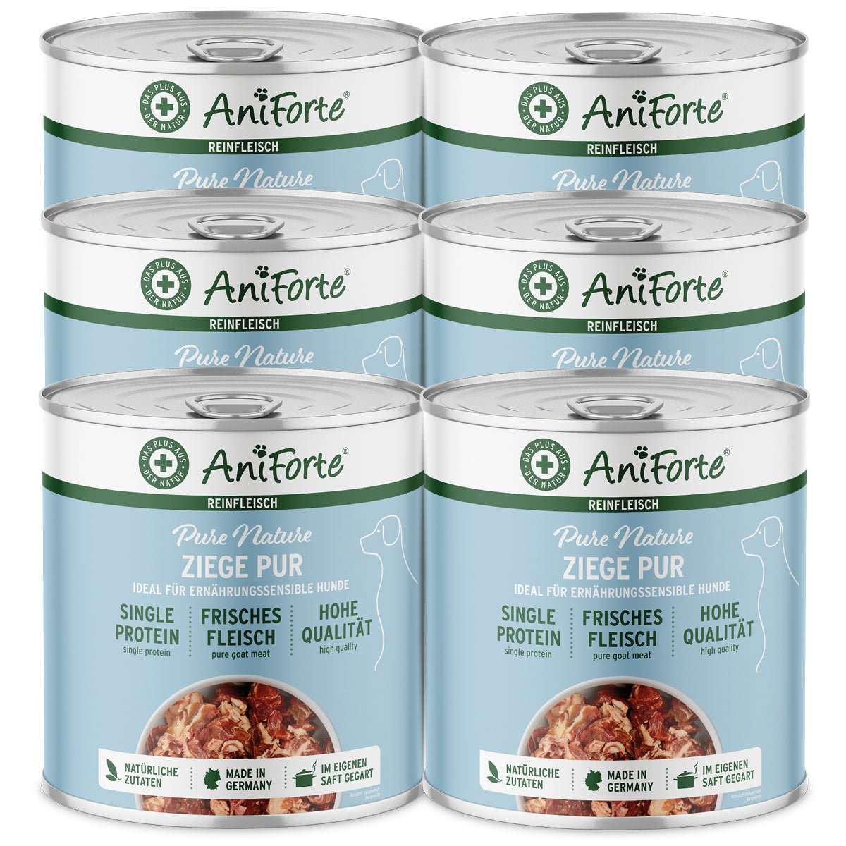 AniForte PureNature Nassfutter Ziege Pur für Hunde, getreidefrei, glutenfrei, hochwertige Single-Protein-Qualität, 6 Dosen.