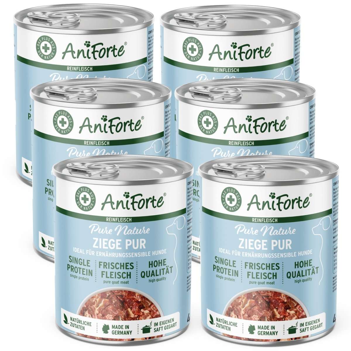 AniForte PureNature Nassfutter Ziege Pur für Hunde, glutenfrei und getreidefrei, hochwertige Zutaten, hergestellt in Deutschland.