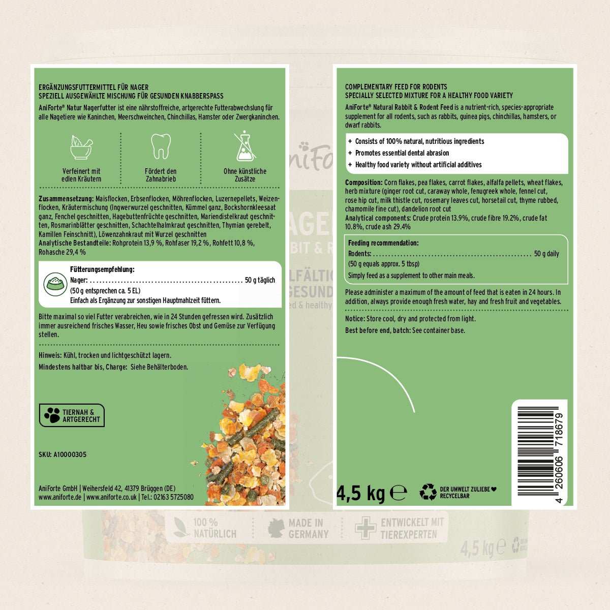 Verpackung von AniForte® Natur Nagerfutter mit natürlichen Zutaten für Nagetiere, 4,5 kg, hergestellt in Deutschland.