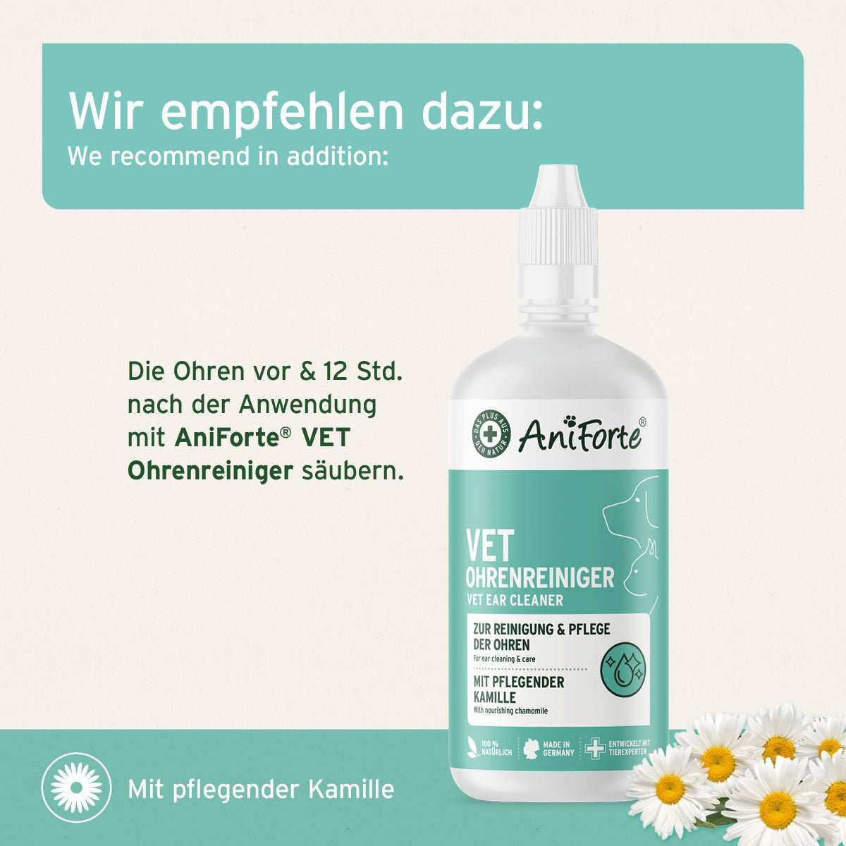 Flasche Ohrmilbenöl - AniForte auf hellem Hintergrund.