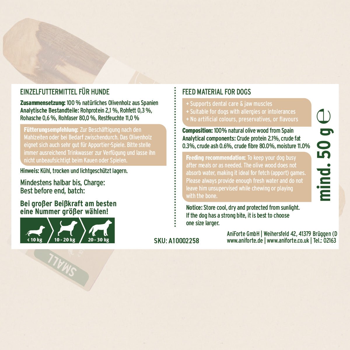 Olivenholz Kauknochen für Hunde aus nachhaltigem spanischem Olivenholz, langlebig, zahnfreundlich und naturbelassen, ideal gegen Stress und für Allergiker.