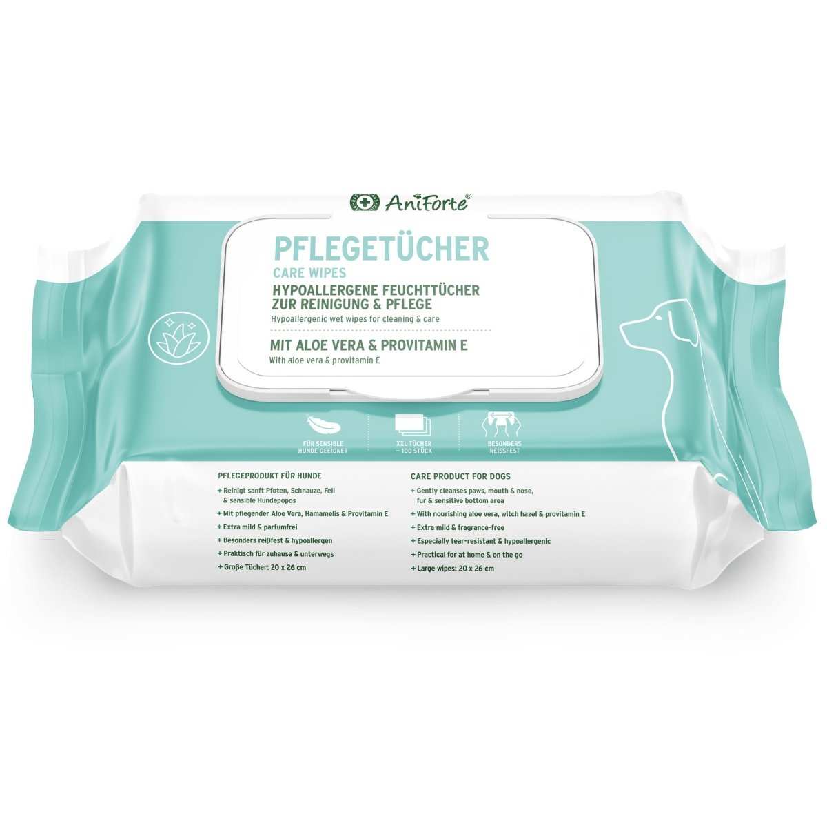 Pflegetücher für Hunde mit Aloe Vera und Hamamelis, reißfest und hypoallergen, zur sanften Reinigung von Pfoten und Fell.