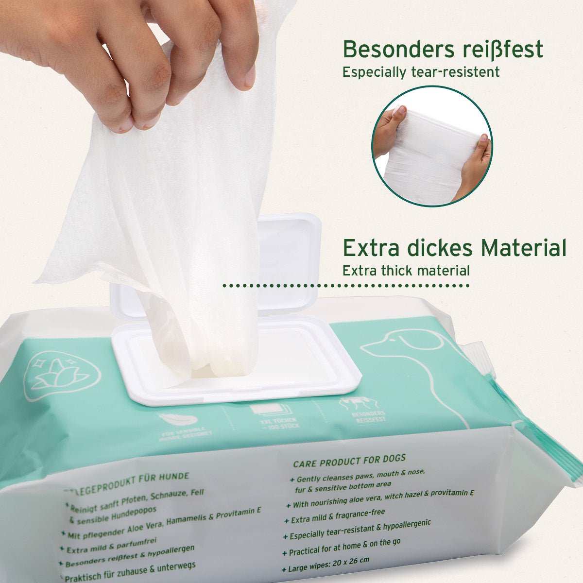 Pflegetücher mit Aloe Vera und Hamamelis für Hunde zur Reinigung von Pfoten und Fell, besonders reißfest und hypoallergen.