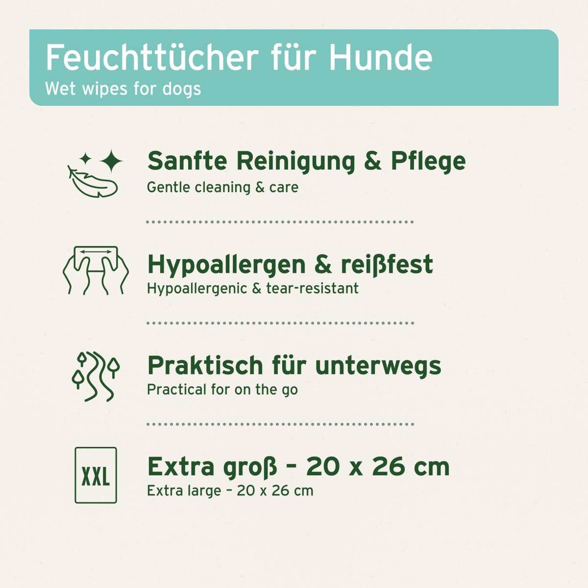 Infografik Pflegetücher für Hunde mit Aloe Vera und Hamamelis zur sanften Reinigung und Pflege, hypoallergen, reißfest, extra groß, ideal für unterwegs.