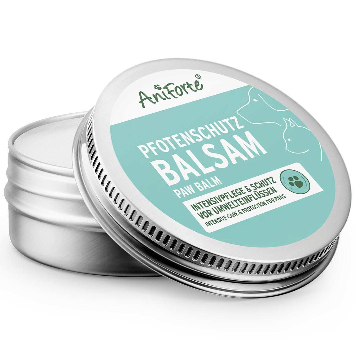 Pfotenschutz Balsam for dogs and cats, natural paw care balm with shea butter, olive oil, and beeswax, in tin container.