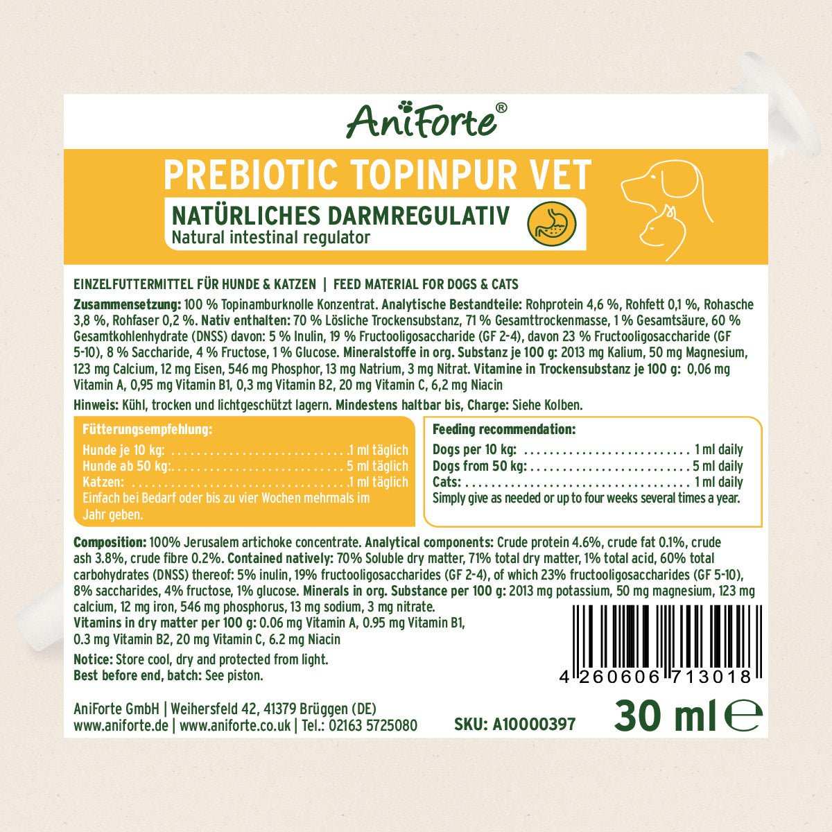 Etikett Prebiotic TopinPur VET von AniForte®, natürliches Darmregulativ für Hunde und Katzen, reich an Inulin zur Unterstützung der Verdauung und Darmflora.