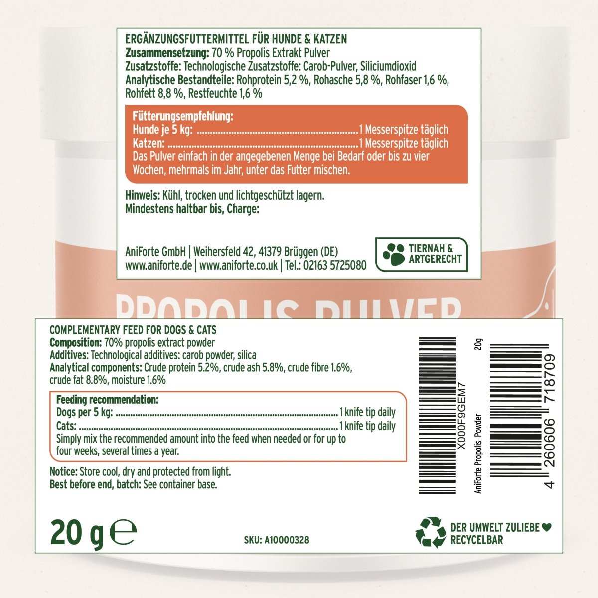 Propolis Pulver für Katzen und Hunde, unterstützt Immunsystem und Hautgesundheit.