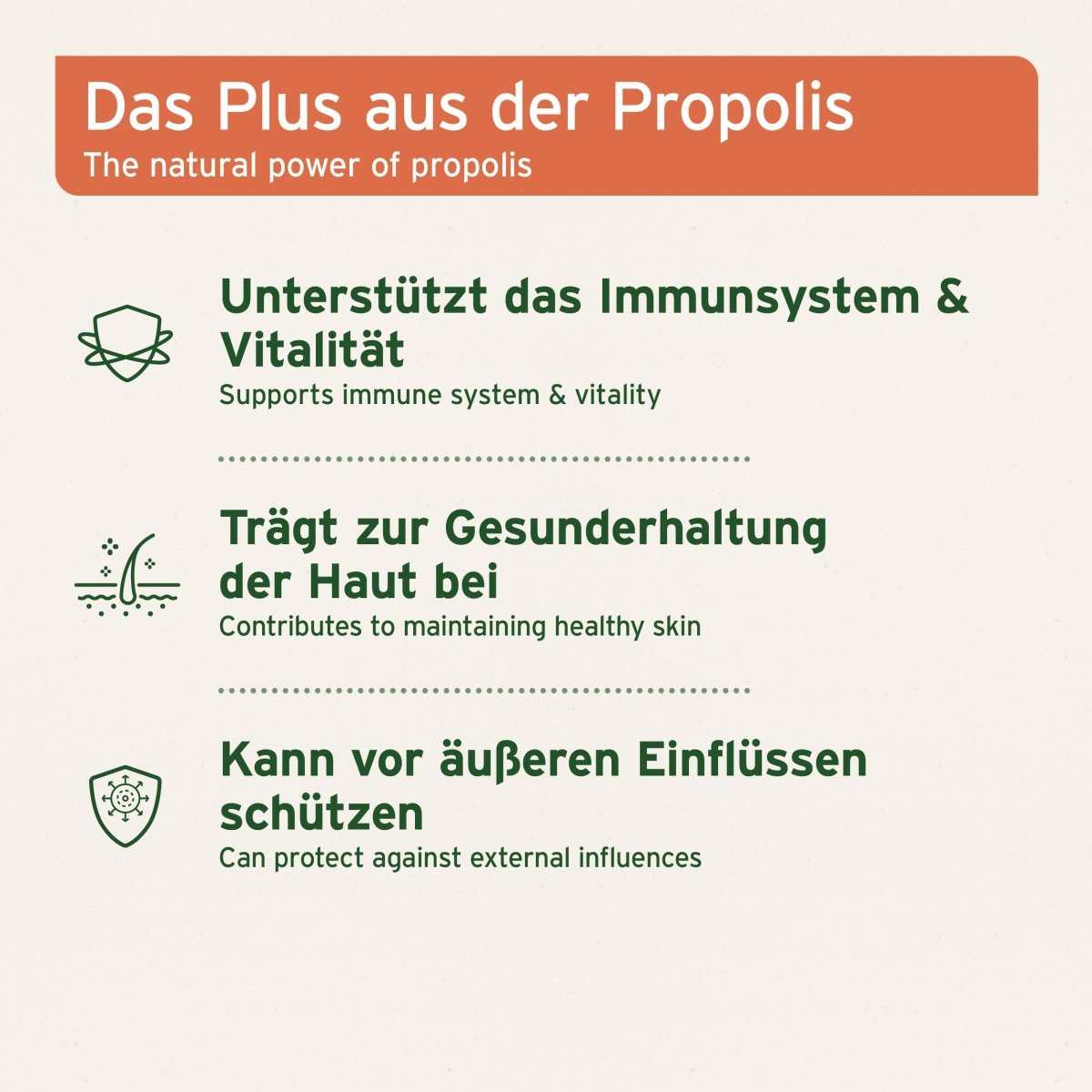 Das Bild zeigt die Vorteile von Propolis Pulver für das Immunsystem, die Hautgesundheit und den Schutz vor äußeren Einflüssen.