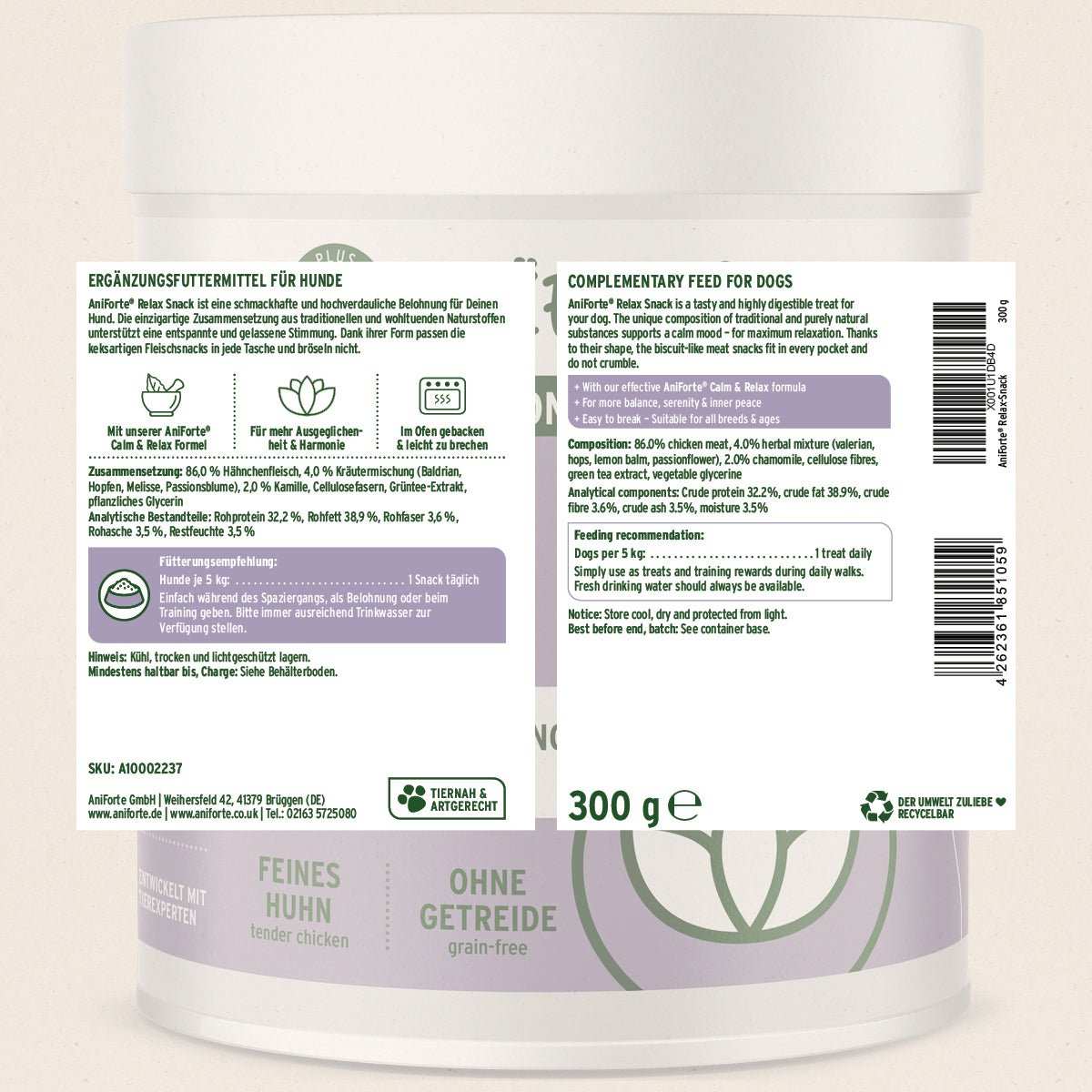 Etikett mit Inhaltsangabe AniForte Relax-Snack für Hunde, 300g Dose, Monoprotein Huhn, ohne Getreide, beruhigende Kräuter, natürlich und magenfreundlich.