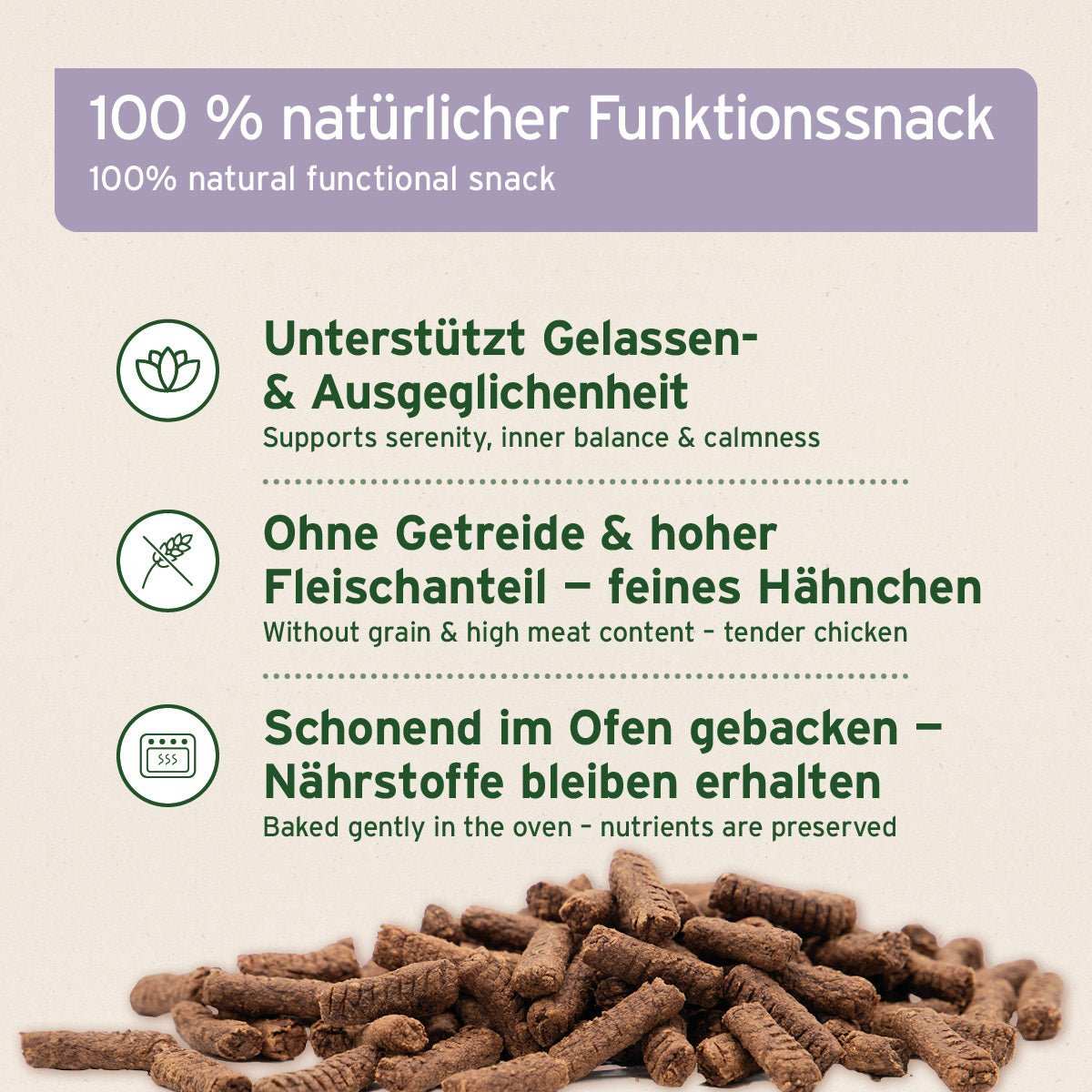 Angehäufte AniForte Relax - Snack auf hellem Hintergrund. Piktogramme von Lotusblüte, durchgestrichenem Getreide und Ofen.