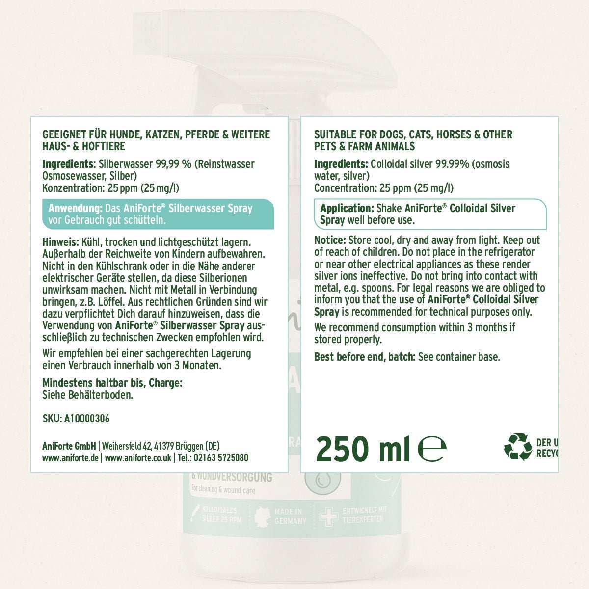 Produktetikett Silberwasser Spray für Haustiere, 250 ml Flasche, zur Reinigung und Pflege.