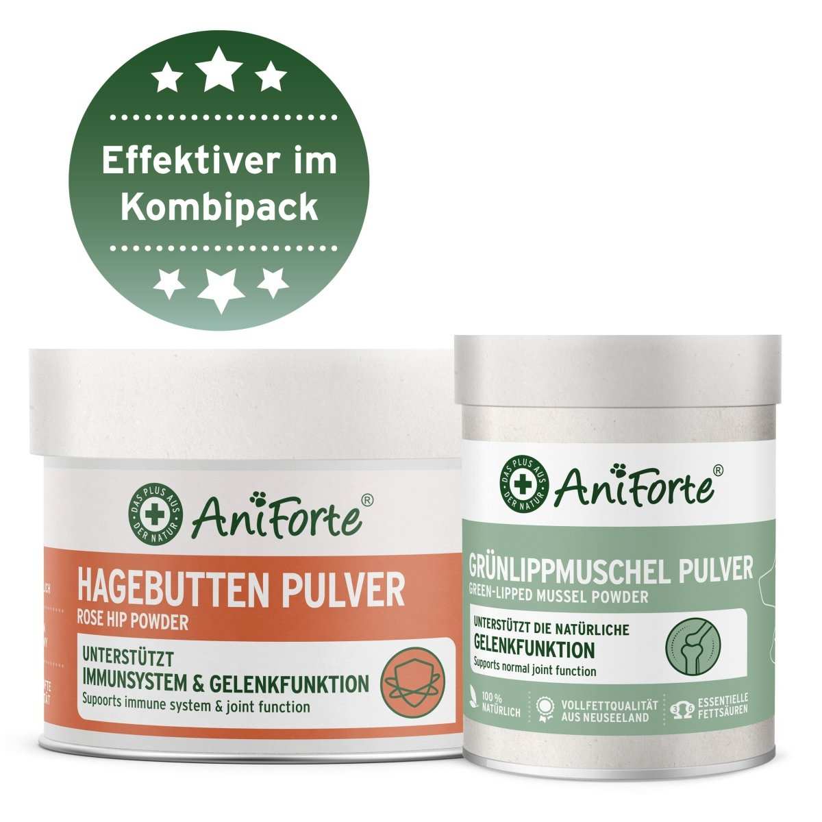 AniForte Hagebuttenpulver und Grünlippmuschelpulver Set für Gelenkschutz bei Hunden und Katzen.