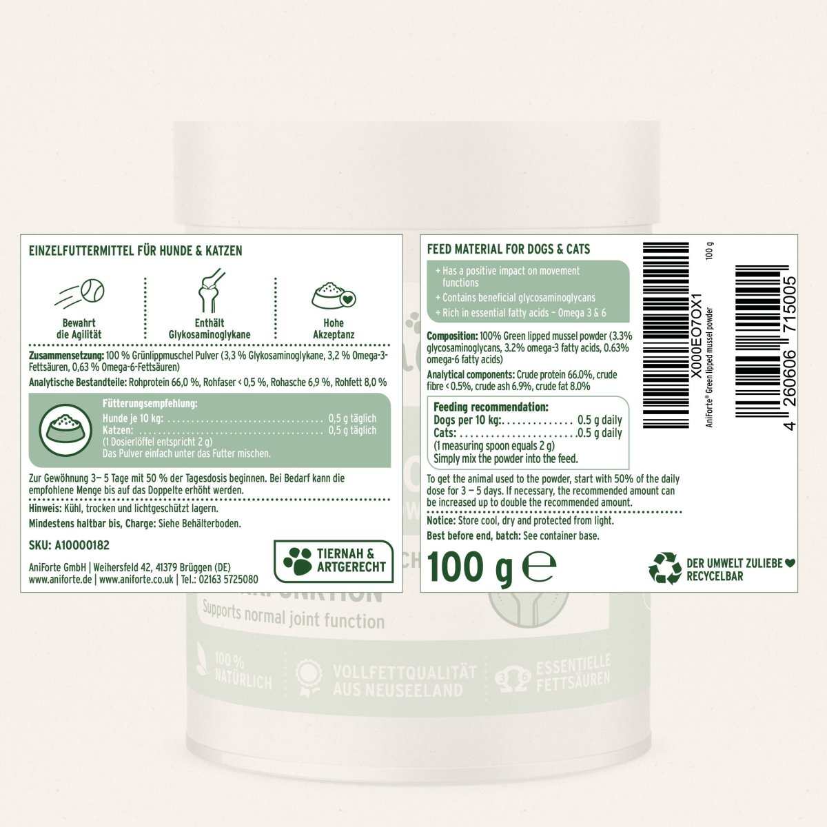 Produktverpackung AniForte Starke Gelenke Set für Hunde und Katzen, enthält Hagebuttenpulver und Grünlippmuschelpulver.