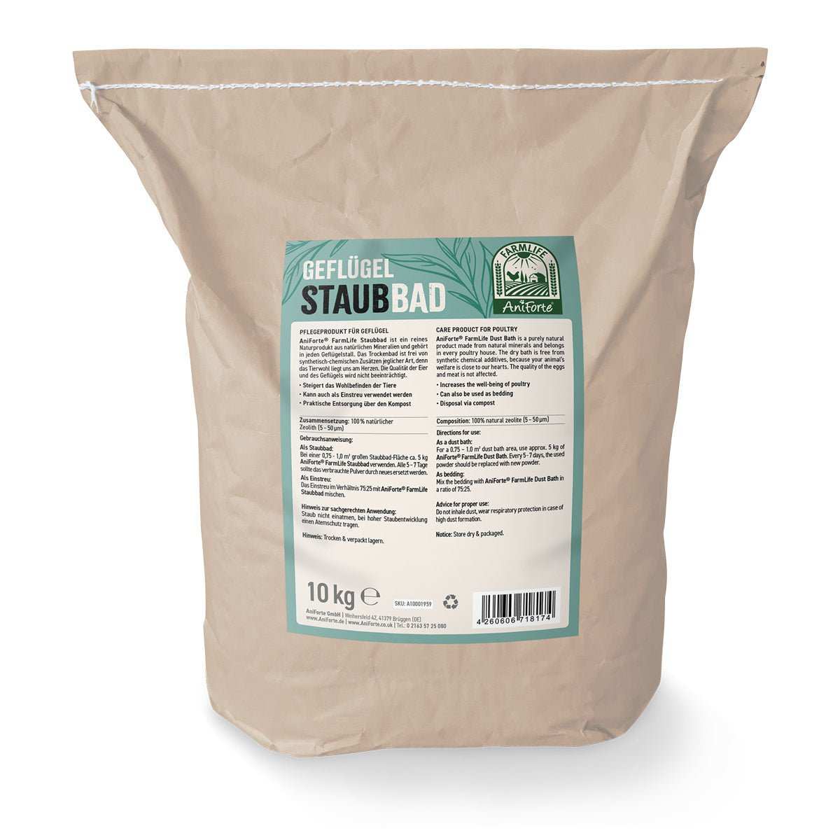 10 kg Beutel AniForte® FarmLife Staubbad für Hühner, natürliches Geflügeleinstreu aus Zeolith, effektiv gegen Parasiten.