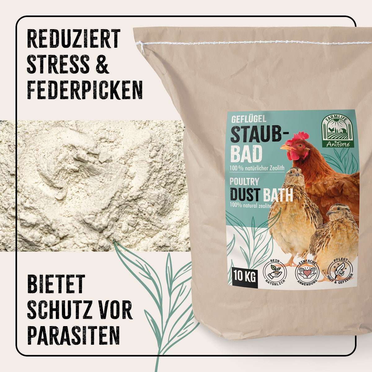 "Hühner Staubbad FarmLife mit 100% natürlichem Zeolith gegen Parasiten für mehr Wohlbefinden und sauberen Stall."