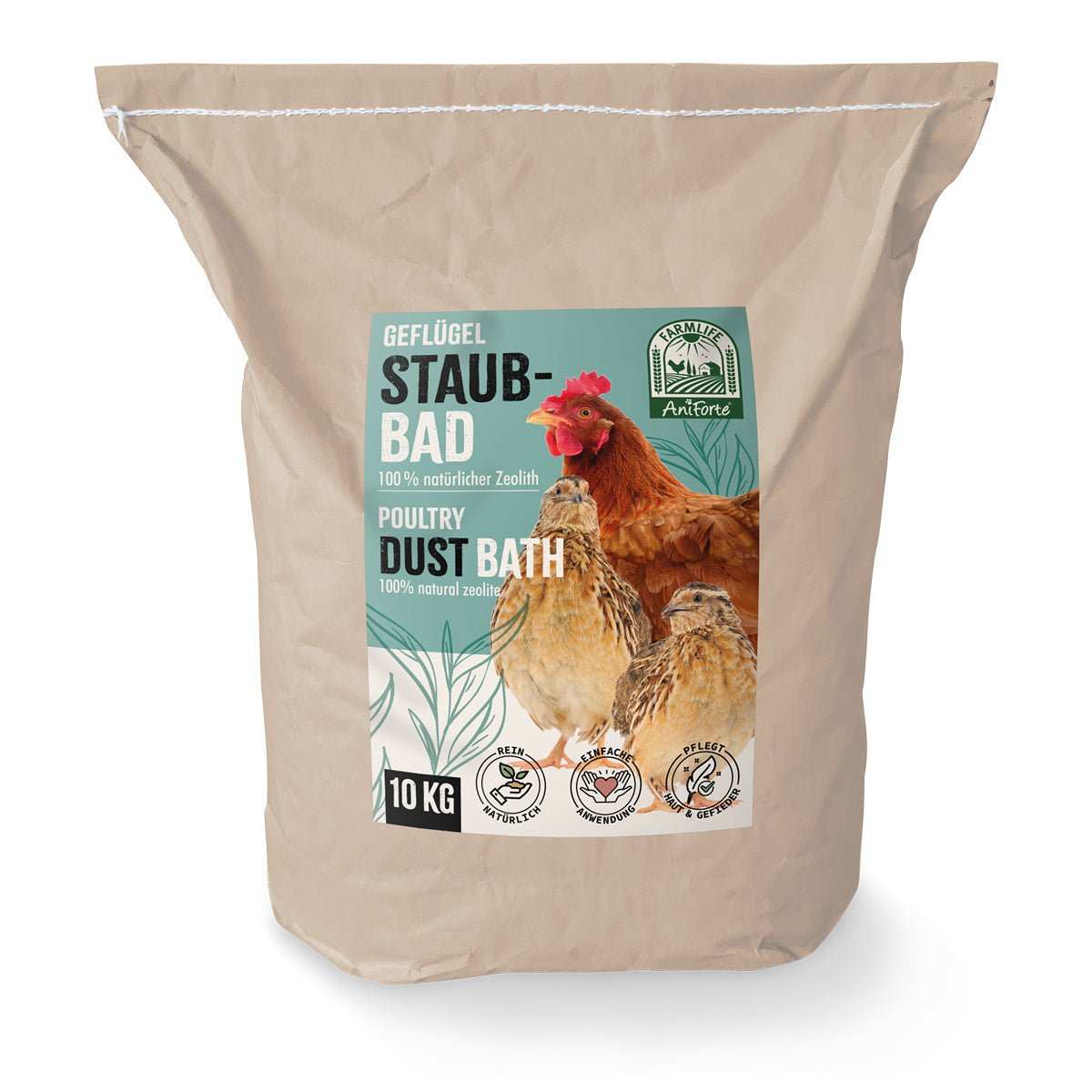 FarmLife Staubbad poultry dust bath bag with chicken images and 100% natural zeolith label.