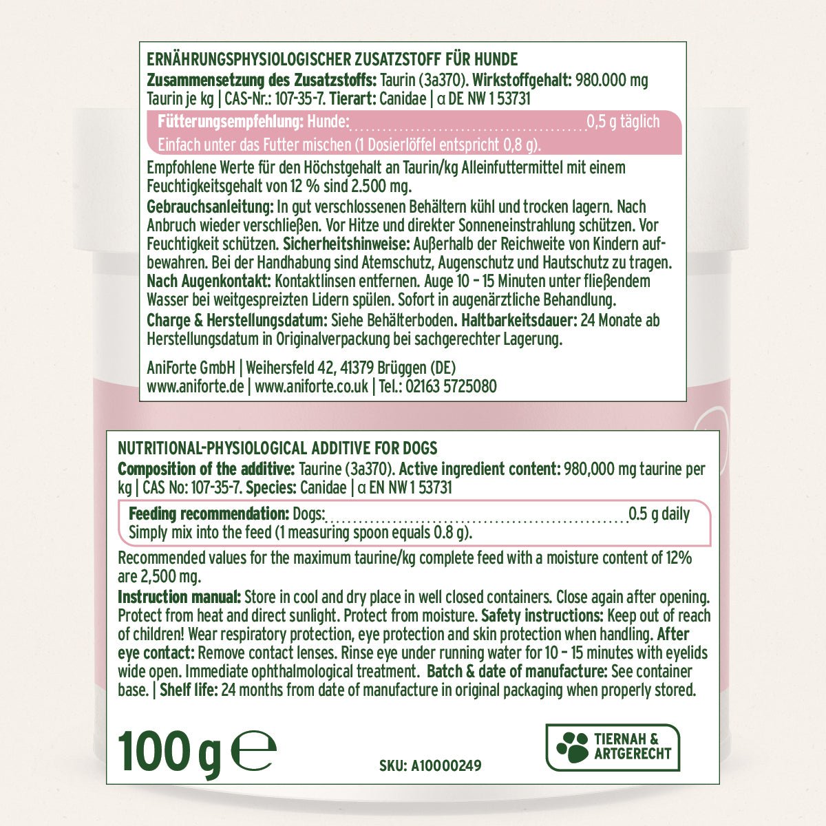 Taurin Pulver für Hunde zur Unterstützung Herz-Kreislauf-System und Ausgleich bei Taurinmangel