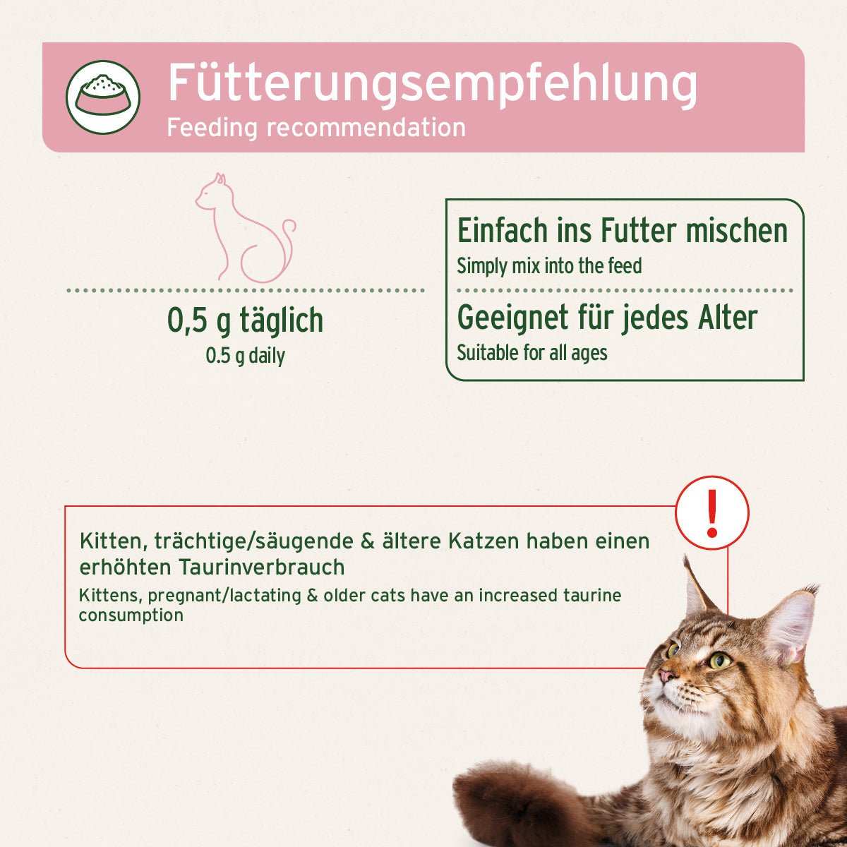 Taurin Pulver für Katzen, Fütterungsempfehlung, 0,5 g täglich, geeignet für jedes Alter.