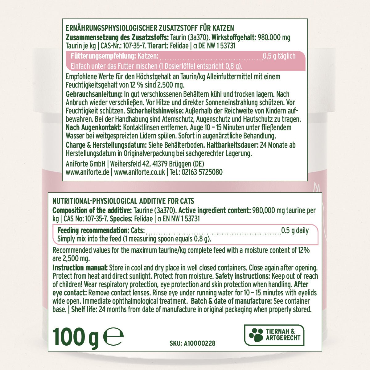 Taurin Pulver für Katzen zur Unterstützung von Herz, Netzhaut und Immunsystem