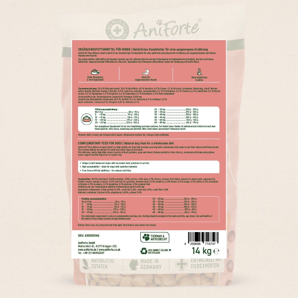 AniForte Pure Nature Trockenfutter Rind mit Kartoffeln für magensensible Hunde