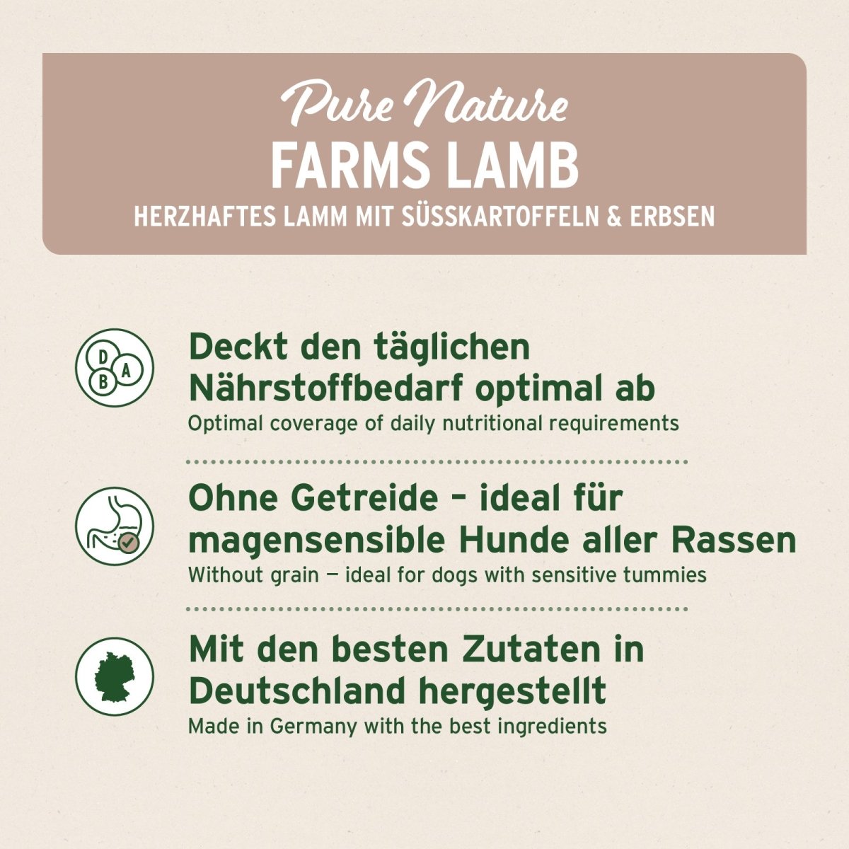 Halbfeuchtes Trockenfutter FarmsLamb – herzhaftes Lamm mit Süßkartoffeln und Erbsen, getreidefrei, für magensensible Hunde, hergestellt in Deutschland