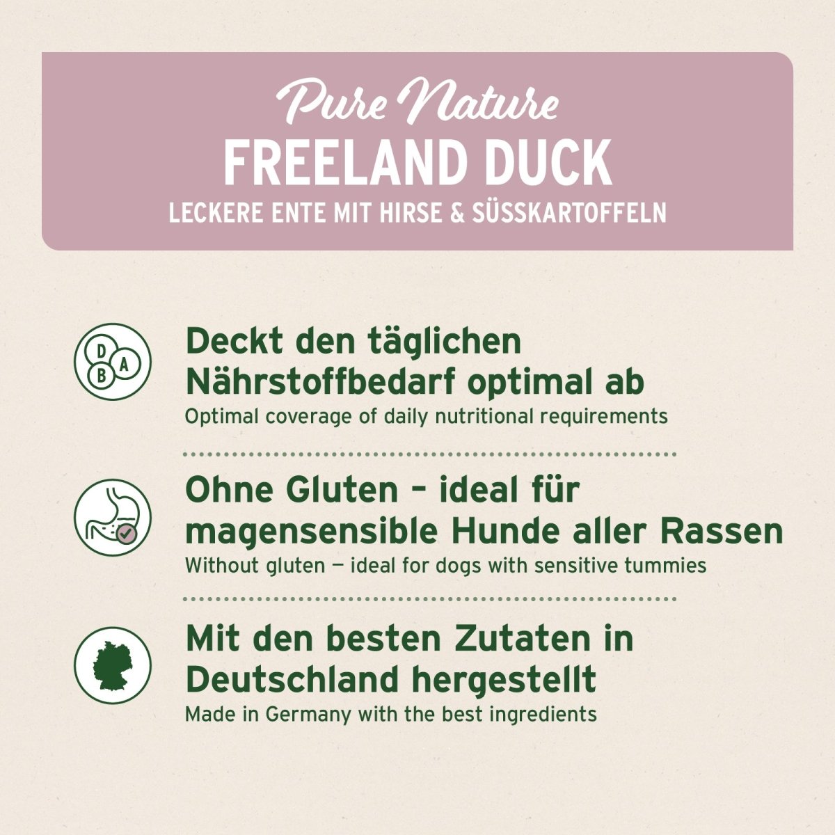 Trockenfutter FreelandDuck mit Ente, Hirse und Süßkartoffeln, glutenfrei, für magensensible Hunde, hergestellt in Deutschland