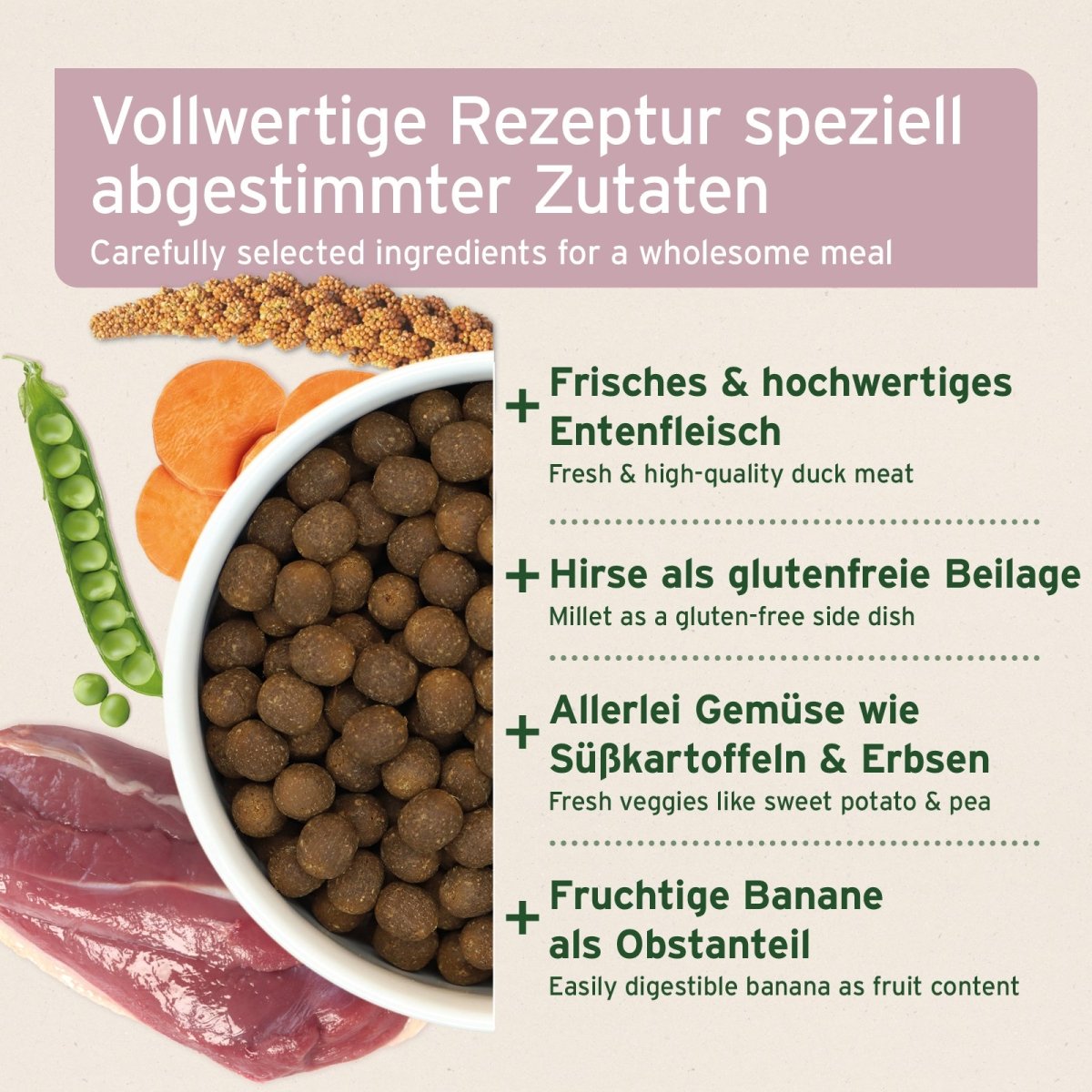 Trockenfutter FreelandDuck mit frischem Entenfleisch, glutenfreier Hirse, Süßkartoffeln, Erbsen und Banane, halbfeuchtes Premium Hundefutter für ausgewachsene Hunde
