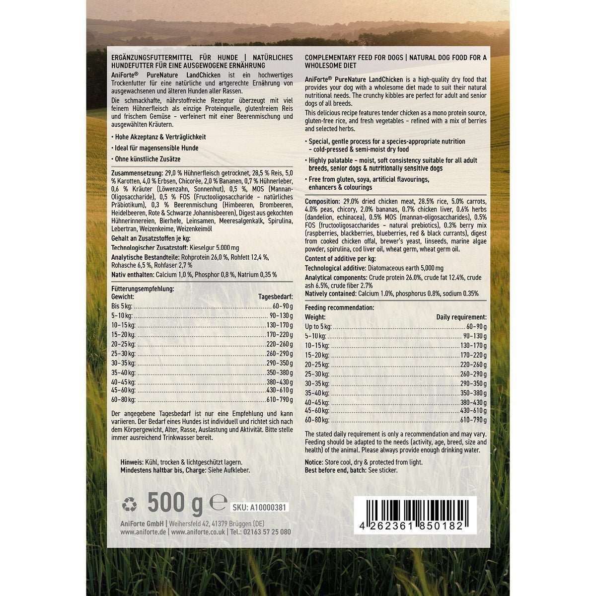 Trockenfutter Huhn Verpackung mit Inhaltsstoffen und Fütterungsempfehlungen.