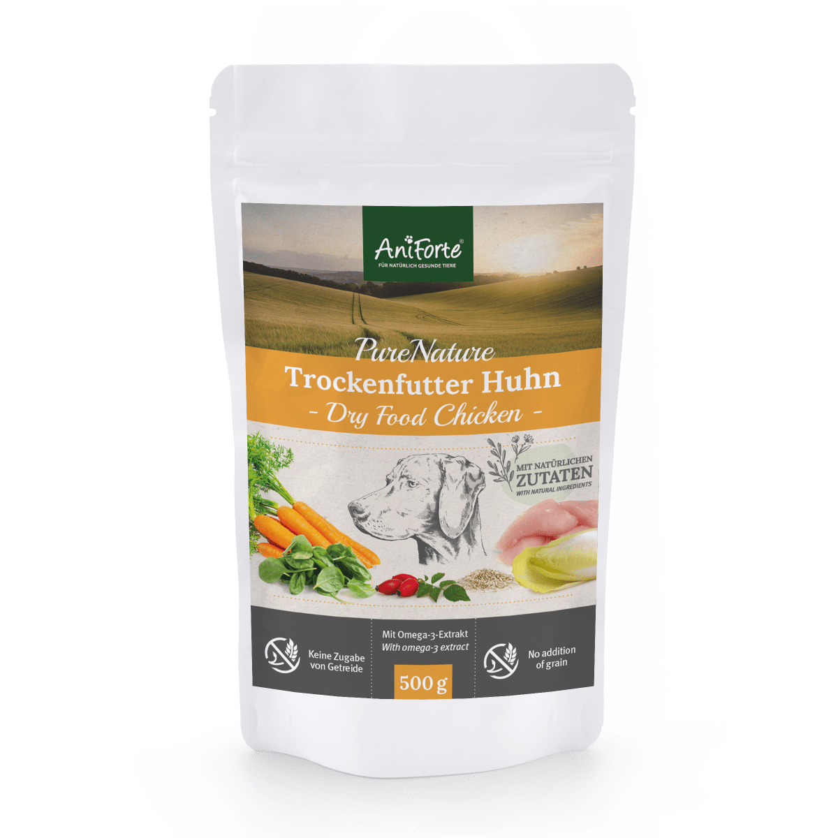 Trockenfutter Huhn – Feines Huhn mit Reis & Karotten, glutenfreies Hundefutter mit hohem Fleischanteil, 500 g Packung.