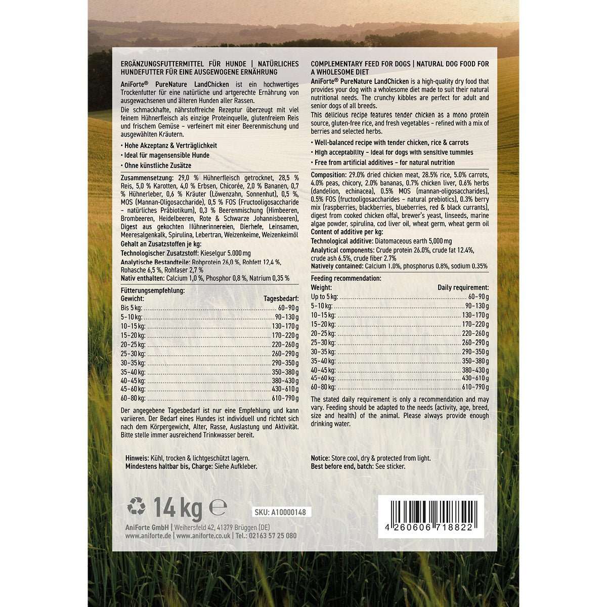 Trockenfutter Huhn von AniForte® mit Reis und Karotten, glutenfrei, ohne künstliche Zusatzstoffe, für Hunde jeden Alters.
