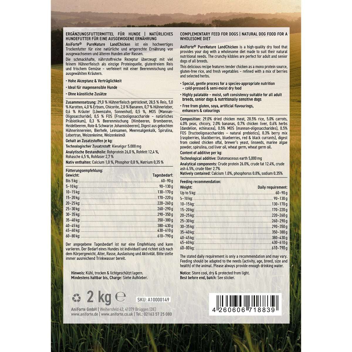 Trockenfutter Huhn Verpackung mit Zutatenangaben und Fütterungsempfehlungen für Hunde.