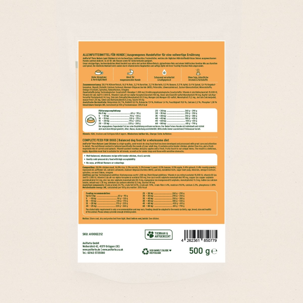 Halbfeuchtes Trockenfutter LandChicken mit zartem Huhn, Reis und Gemüse, glutenfrei, schonend verarbeitet, für ausgewachsene Hunde und Senioren