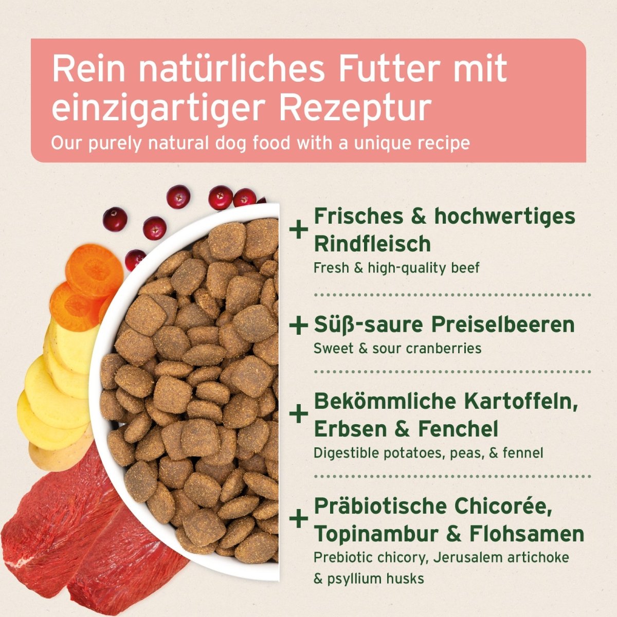 Trockenfutter Rind mit frischem Rindfleisch, Kartoffeln und Cranberries für Hunde