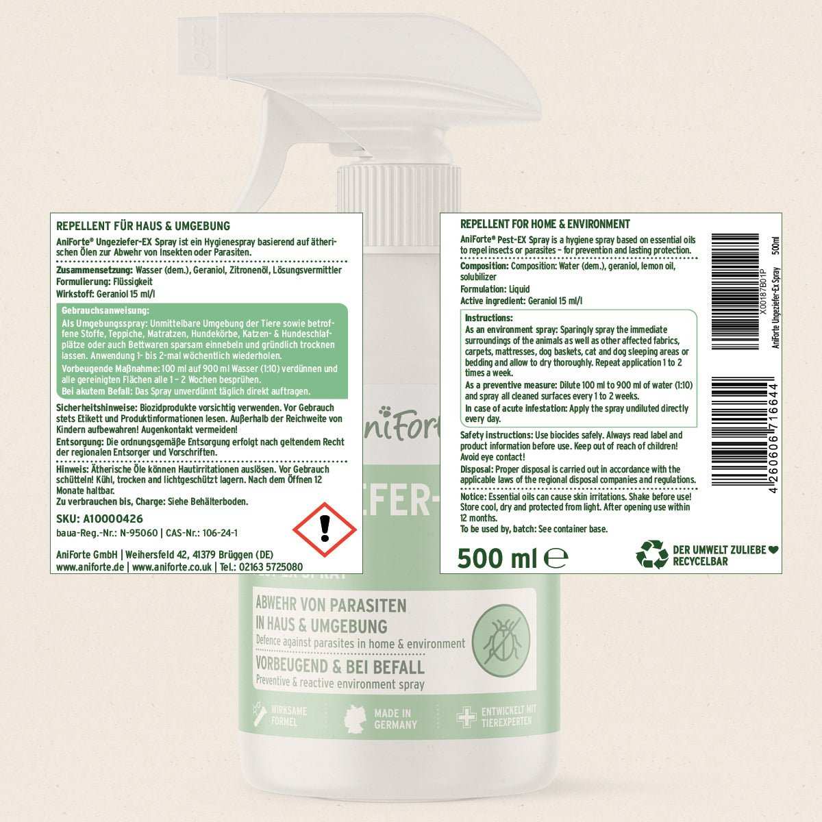 Produktetikett Ungeziefer-EX Spray für Mensch und Tier, effektiv gegen Milben und Insekten, 500 ml Flasche.