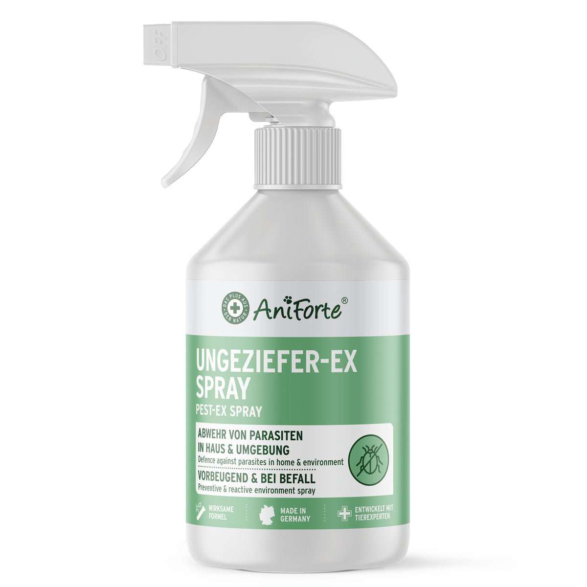 Ungeziefer-EX Spray von AniForte, Umgebungsspray zur Abwehr von Milben und Insekten, geeignet für tierische und menschliche Umgebung.